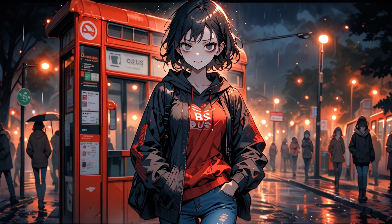 solo, woman, tall, short hair, black hair, swept hair, black eyes, bags under eyes, hoodie, jeans, night, tired smile, curvaceous, modest breasts, backpack slung on one shoulder, dark, confident pose, frustrated, looking at viewer, front, hand in pocket, loving, bus stop, walking, after rain, street, traffic