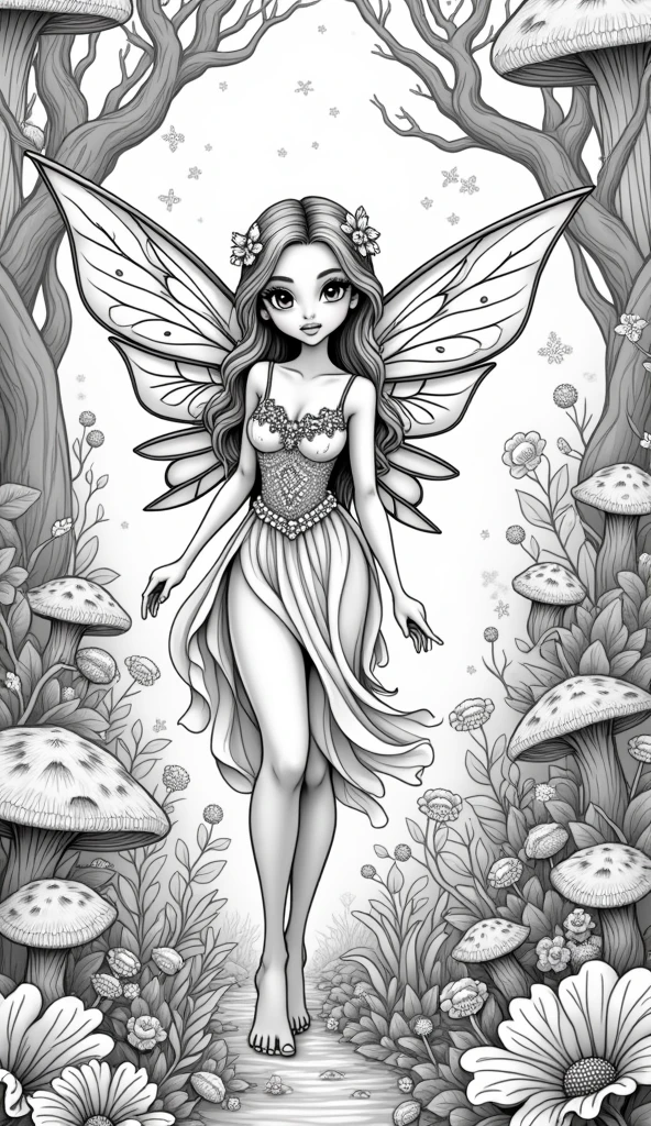 Create a coloring page of a fairy with long hair to color with large white areas and strong black lines