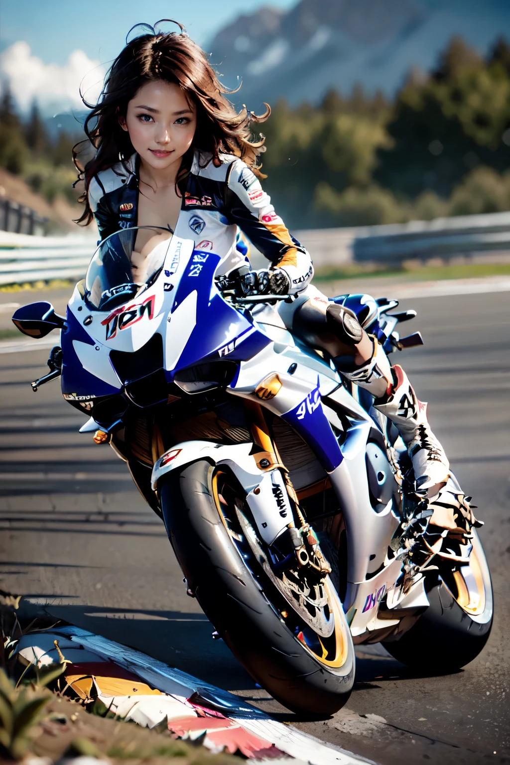 Yamaha YZF R1M, The Racer Girl, best quality, Ultra Wide Angle, small breasts, abs, Brown Skin, wearing Alpine Star racing boots, 