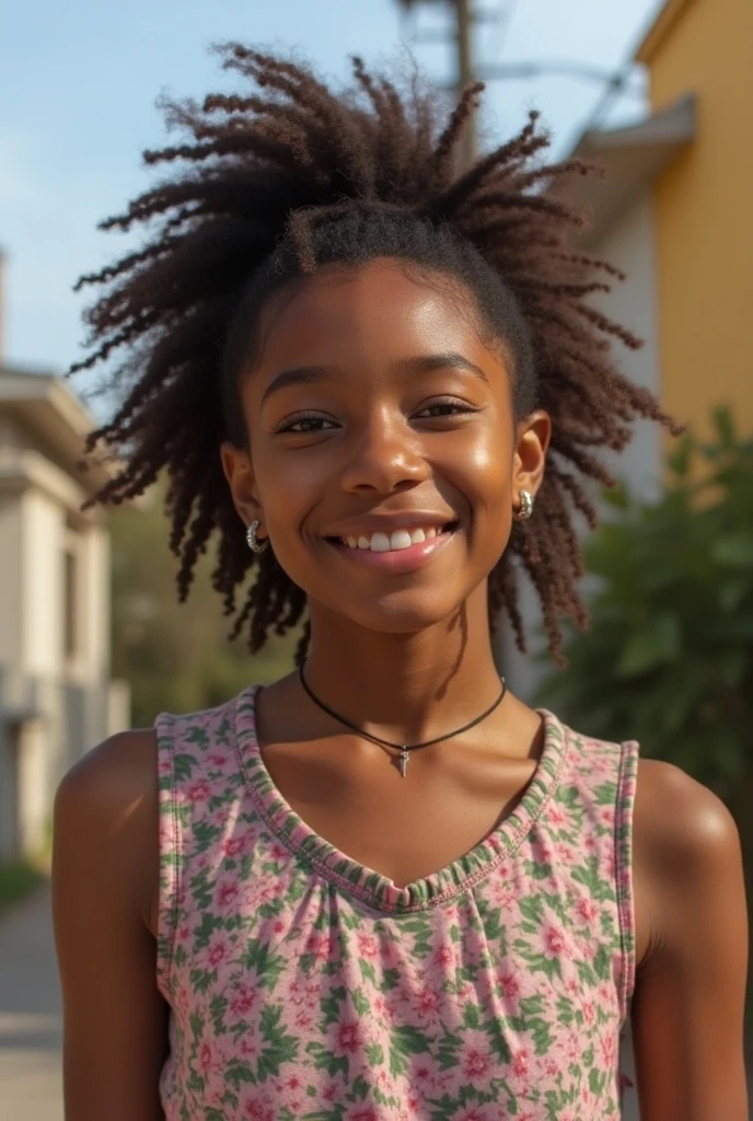 Fille africaine très réaliste de 12ans souriant avec des faussettes entrain de sourire a la gare 