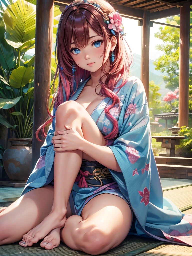 hermosa chica japonesa, rosa &  brown hair high definition _Detail:1,  tribal tattoo add_Detail:1, In the sky add _Detail, barefoot,   light blue saturation  , (kimono , )),  Japanese sanctuary landscape , pink hair, most beautifull and detailes eyes,ppupil detail ,  blue eyes detail add _detail:1 