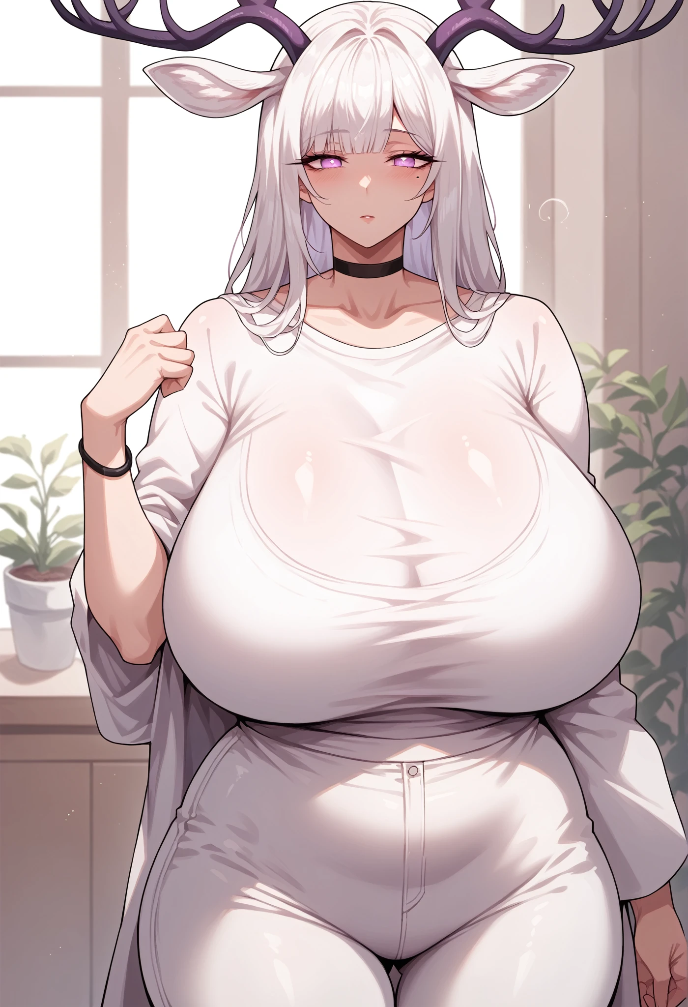 (Purple deer horns) mixed_artwork style, (detailed eyes), (Mature woman), beautiful woman, huge breasts, white hair, bangs on eye, Side bangs, (white top, white pants), Lavender eyes, mole under eye, huge body, (milf), black choker, (neutral Face), (196cm tall, standing), Black bracelet