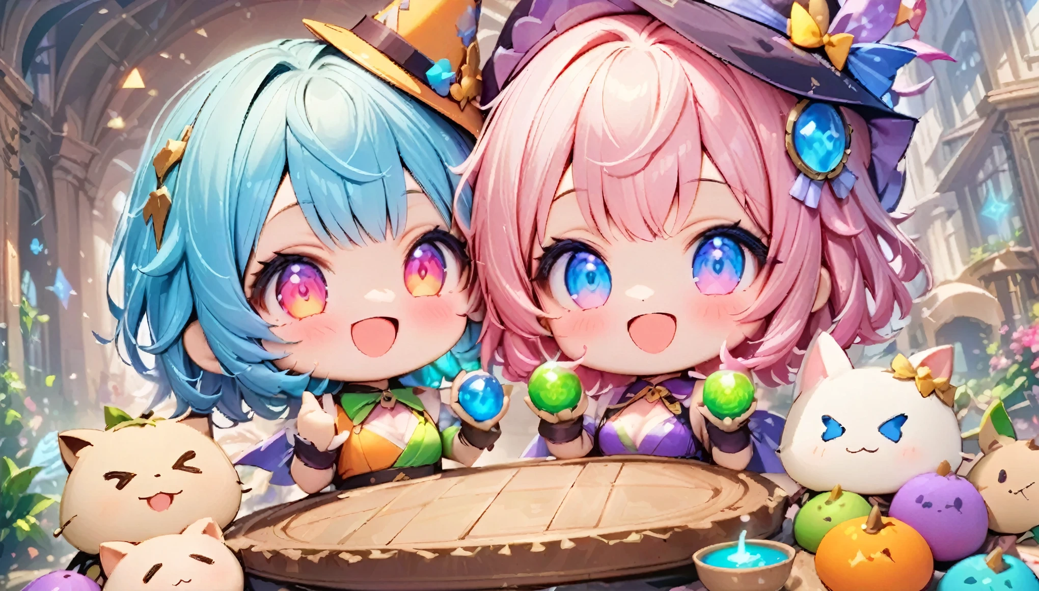 masterpiece, Best Quality, magic使いのお茶会, magic tea party, magic, Chibi, The charming witches, High definition realistic eyes,  happy , Vibrant, colorful,