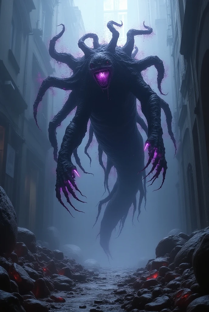 Completely black creature, six arms, eight tentacles without suckers, two black tails with purple spikes, six completely pink eyes