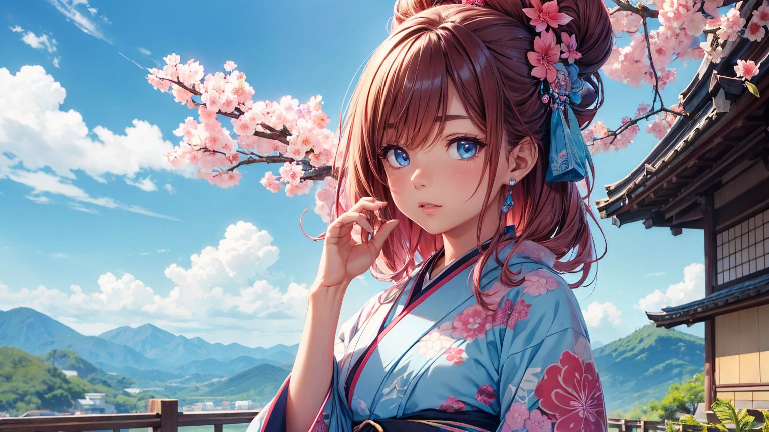 hermosa chica japonesa, rosa &  brown hair high definition _Detail:1,  tribal tattoo add_Detail:1, In the sky add _Detail, barefoot,   light blue saturation  , (kimono , )),  Japanese sanctuary landscape , pink hair, most beautifull and detailes eyes,ppupil detail ,  blue eyes detail add _detail:1 