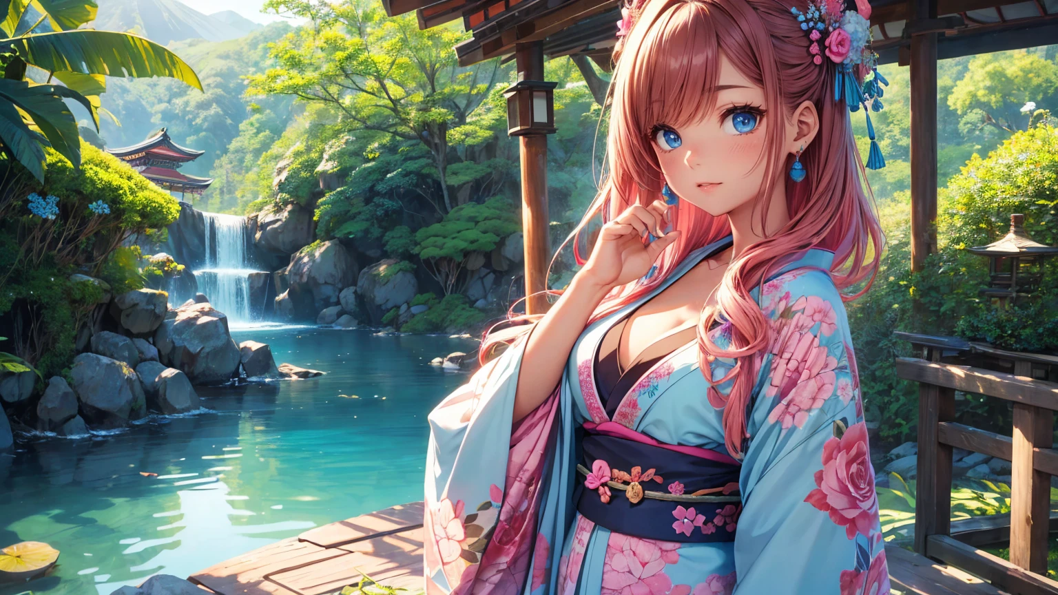 hermosa chica japonesa, rosa &  brown hair high definition _Detail:1,  tribal tattoo add_Detail:1, In the sky add _Detail, barefoot,   light blue saturation  , (kimono , )),  Japanese sanctuary landscape , pink hair, most beautifull and detailes eyes,ppupil detail ,  blue eyes detail add _detail:1 