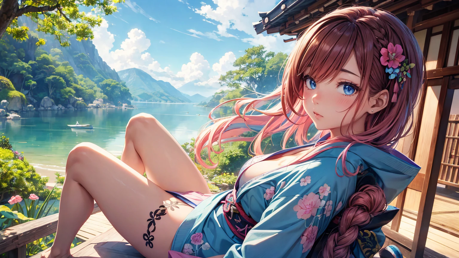 hermosa chica japonesa, rosa &  brown hair high definition _Detail:1,  tribal tattoo add_Detail:1, In the sky add _Detail, barefoot,   light blue saturation  , (kimono , )),  Japanese sanctuary landscape , pink hair, most beautifull and detailes eyes,ppupil detail ,  blue eyes detail add _detail:1 