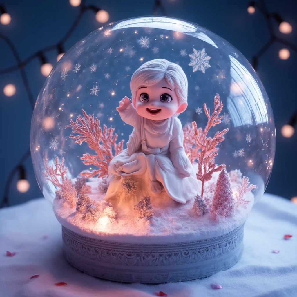    transparent ball , Christmas decorations, Creative, the Snow Maiden is sitting in the balloon, smiles , mouth open, waves ,12K. masterpiece,  exceptional quality 