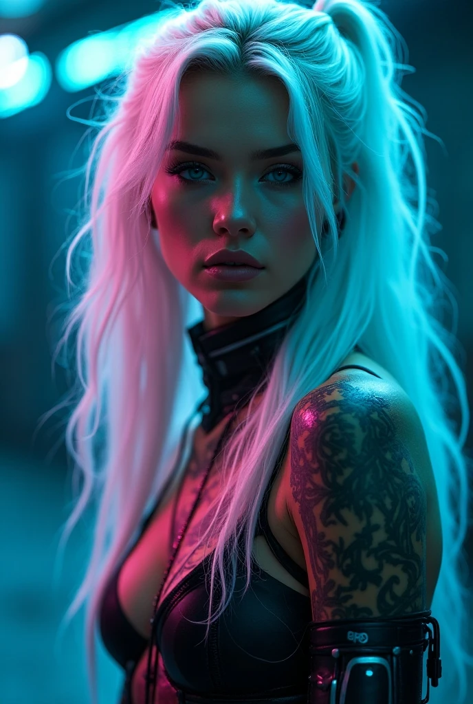 Create a hyper detailed photograph of a tattooed muscular young sexy hrgiger girl, Stunningly perfect gorgeous feminine face, perfect makeup, detailed neon eyes, long flowing hair, big beautiful muscular legs, big beautiful muscular arms, perfect hour glass body figure, detailed smooth skin, large breast, perfect round ass, complete full body portrait in view,