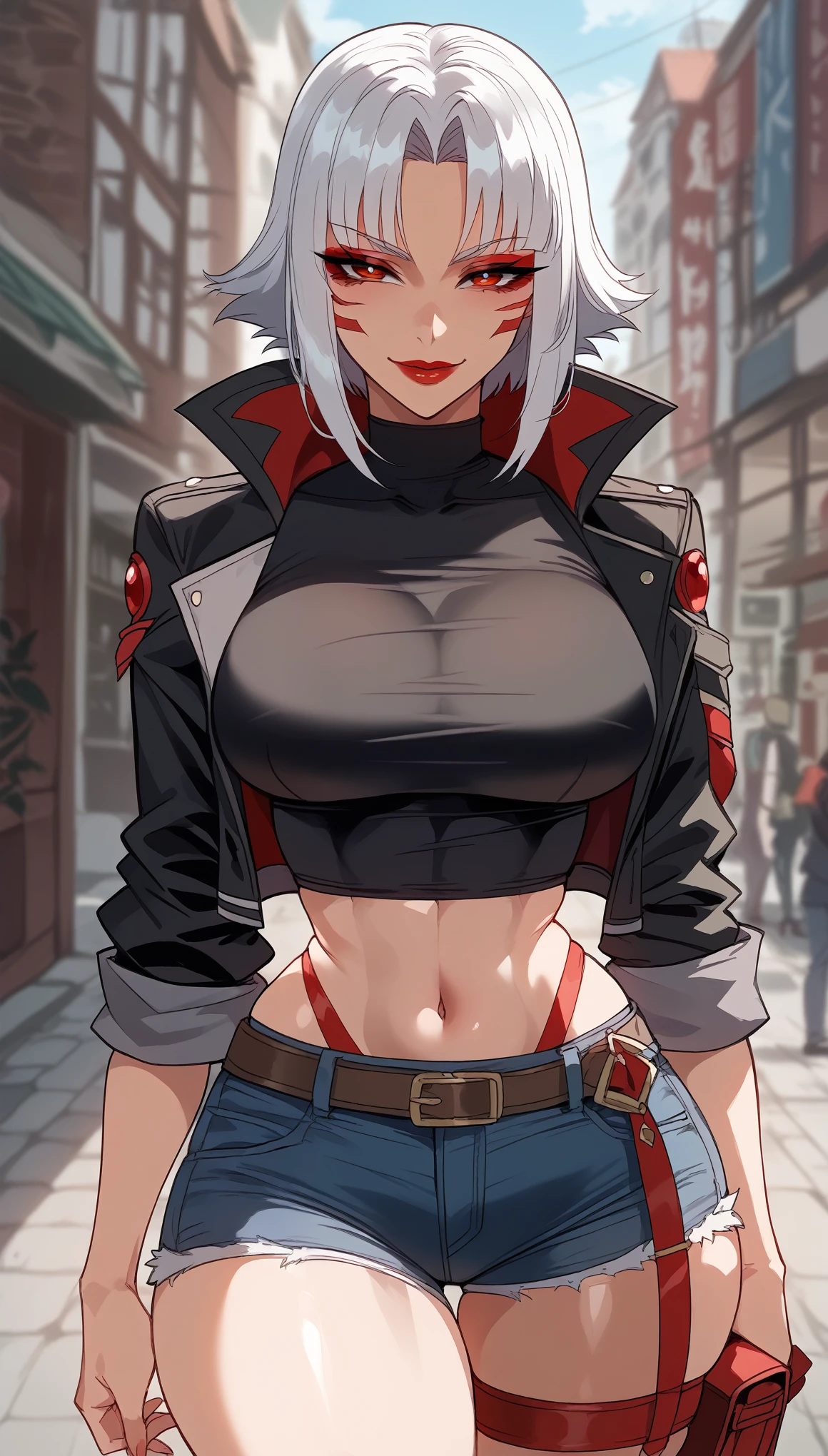  perfect eyes、Perfectly sexy face、Ultra Detailed、Rachnera Arachnera 、 Monster Musume no Iru Nichijou、silver hair、 short hair、shiny hair、( Big breasts ), black shirt、black jacket、Tight Waist、thin waist、 dark blue denim shorts 、 Thigh straps 、shiny skin、white pele、Beleza、erotic、Red Eyeliner、 red lips、wicked smile、 Looking at the viewer 、