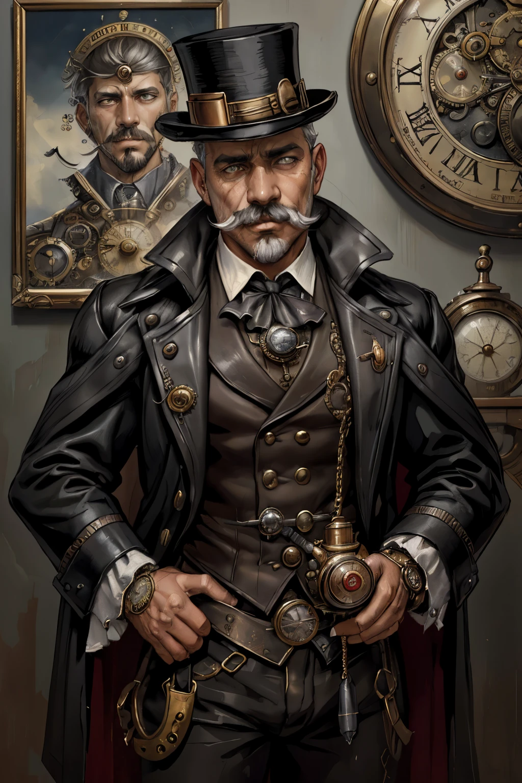 An old, evil scientist wearing steampunk monocle, top hat with steampunk clocks, masterpiece, intricate details, gray mustache (surreal), ((oil painting\(medium))), fantasy art, gray mustache