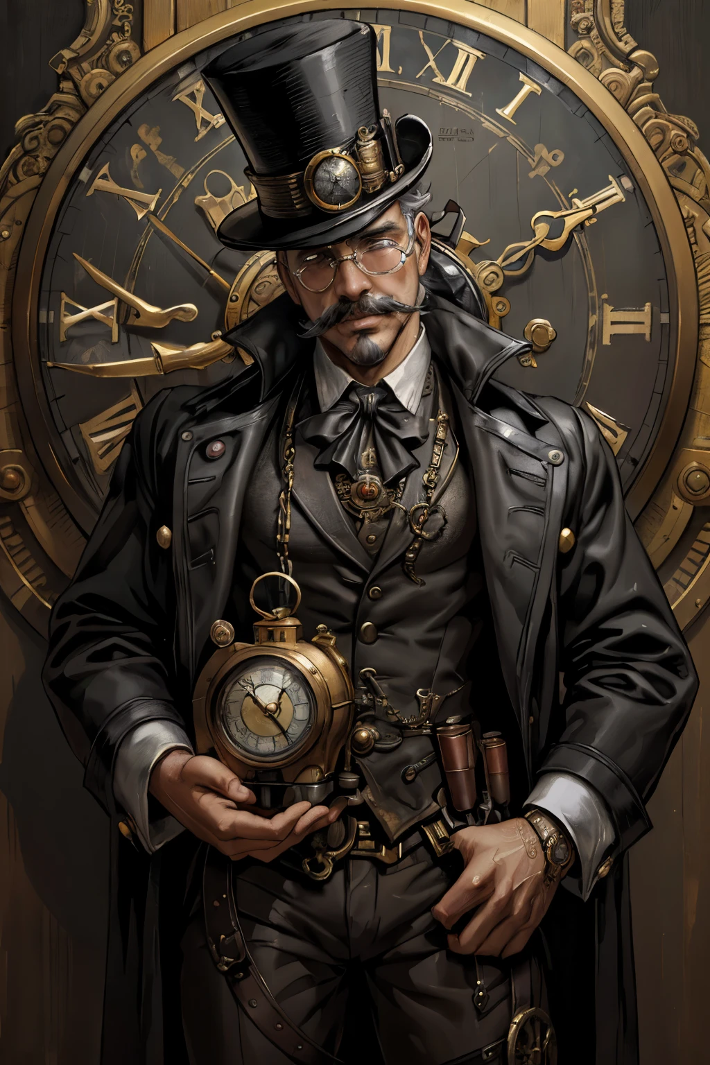 An old, evil scientist wearing steampunk monocle, top hat with steampunk clocks, masterpiece, intricate details, gray mustache (surreal), ((oil painting\(medium))), fantasy art, gray mustache