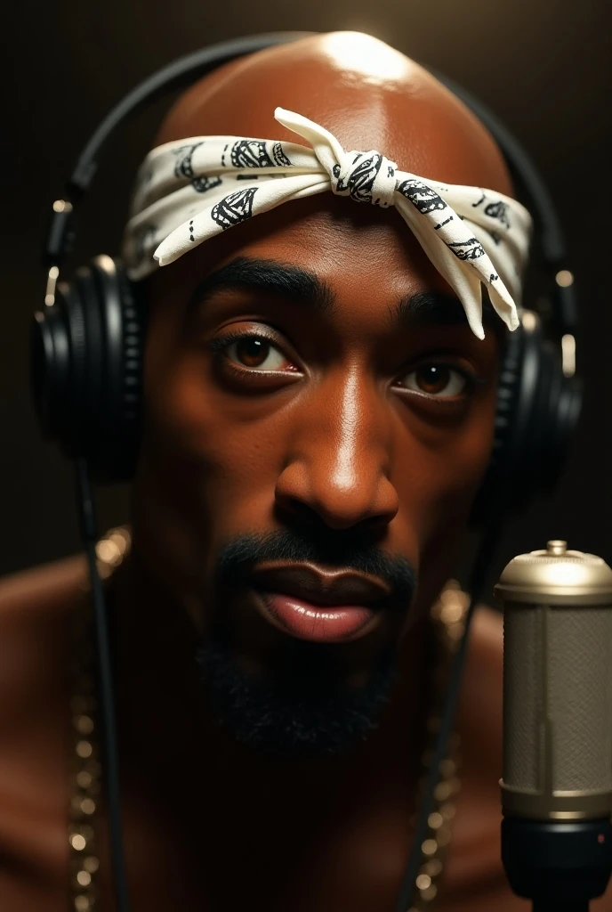 (photorealism:1.2), (((Tupac Shakur))), bald head, 25 years old, extremely accurate features, performing in a concert, rapping aggressively, black and white images, extremely detailed facial features, banana tied around his head,