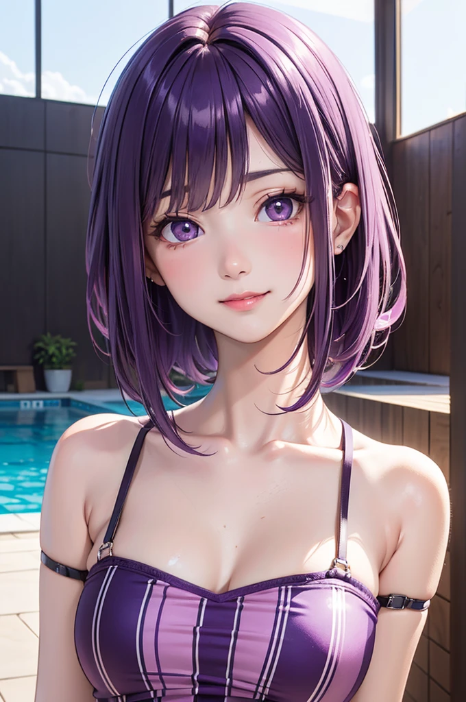 ((table top, highest quality, High resolution, nffsw, perfect pixel, written boundary depth, 4K, nffsw, nffsw))), 1 girl, single, alone, beautiful anime girl, beautiful art style, anime character, ((streaked hair, long hair, purple hair, hair ornament)), ((purple eyes:1.4, star-shaped eyes, beautiful eyelashes, realistic eyes)), ((detailed face, blush:1.2)), ((smooth texture:0.75, realistic texture:0.65, realistic:1.1, Anime CG style)), dynamic angle, ((Black shiny patterned micro bikini, Fashionable, )), smile, Hotel poolside,evening,raise your arms,Show your audience the side