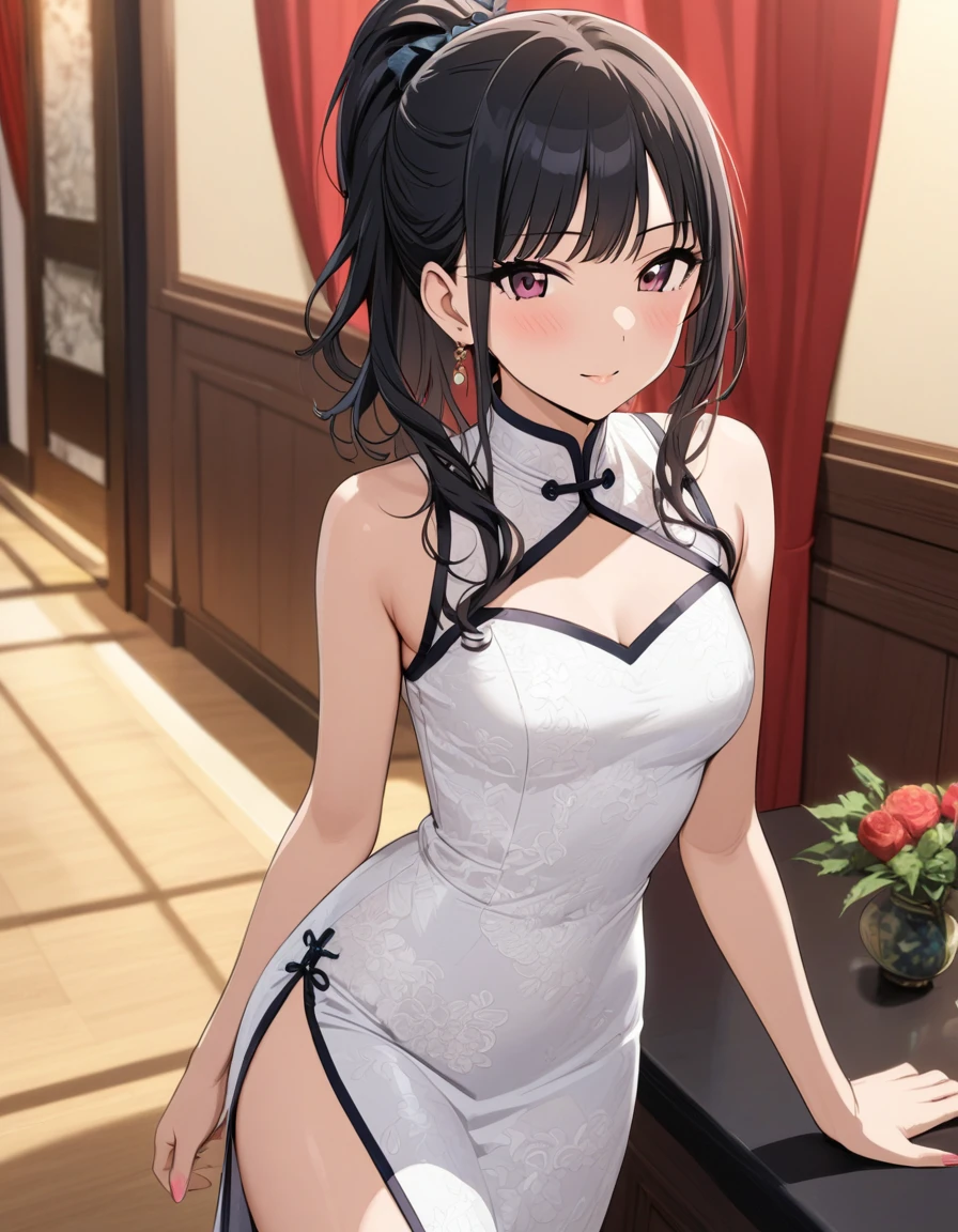 (masterpiece),(Best Quality),(  very detailed),(  best shadow  ),(  detailed background  ),( so beautiful), Official style, Hiori Kazano,   ponytail,  Black Hair  ,   dark eyes, Small breasts,  ( red cheeks :1.1),   THE IDOLM @STER SHINY COLORS,   China dress , (Long slit:1.3),  party venue, ( cowboy shot ),  Real Skin