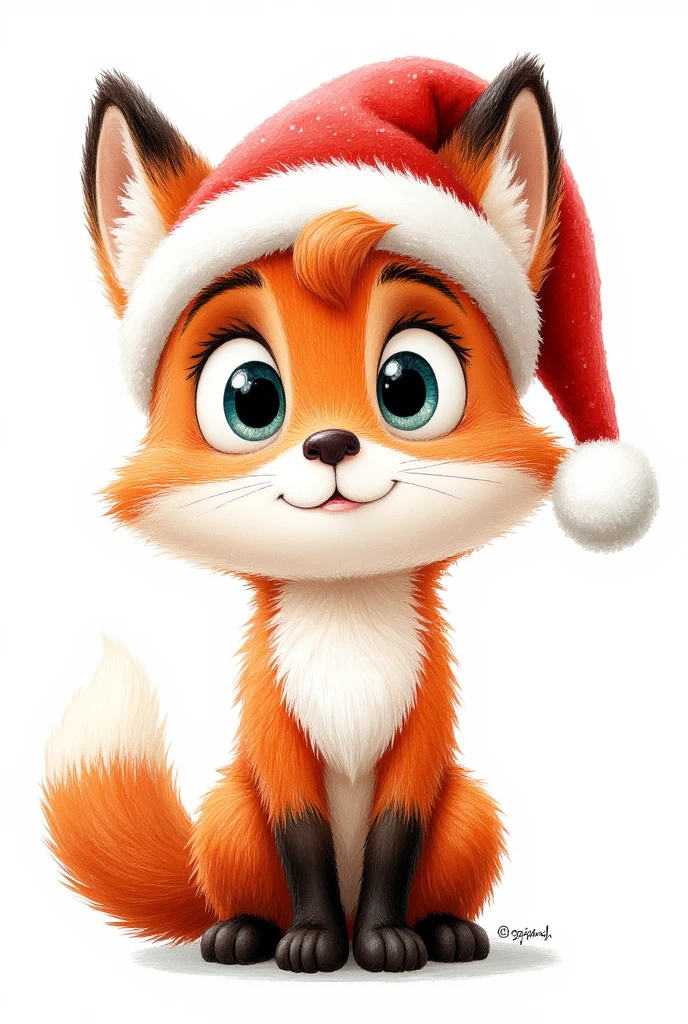 small cartoon fox cub with big cartoon eyes in a Santa winter hat, a big head and a , a fluffy tail, hand-painted in watercolor, full-length in a super funny cartoon style with more exaggerated features of the muzzle