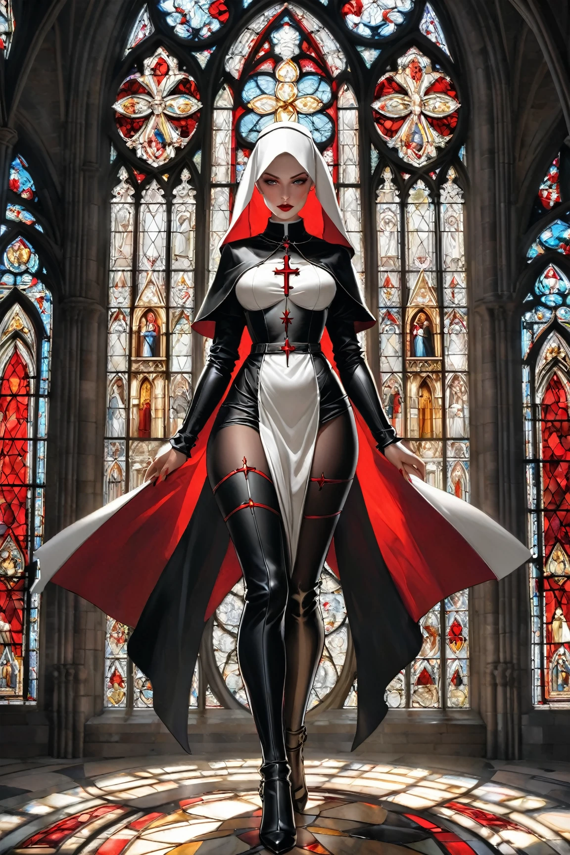 A warrior nun in black, white and red, tall and slender hourglass figure, large full and firm breasts, long slim and slender waist, large wide hips, large full and firm buttocks, thick thighs, makeup, glossy lips, large full lips, (natural lighting), inside Old World cathedral with stained glass windows