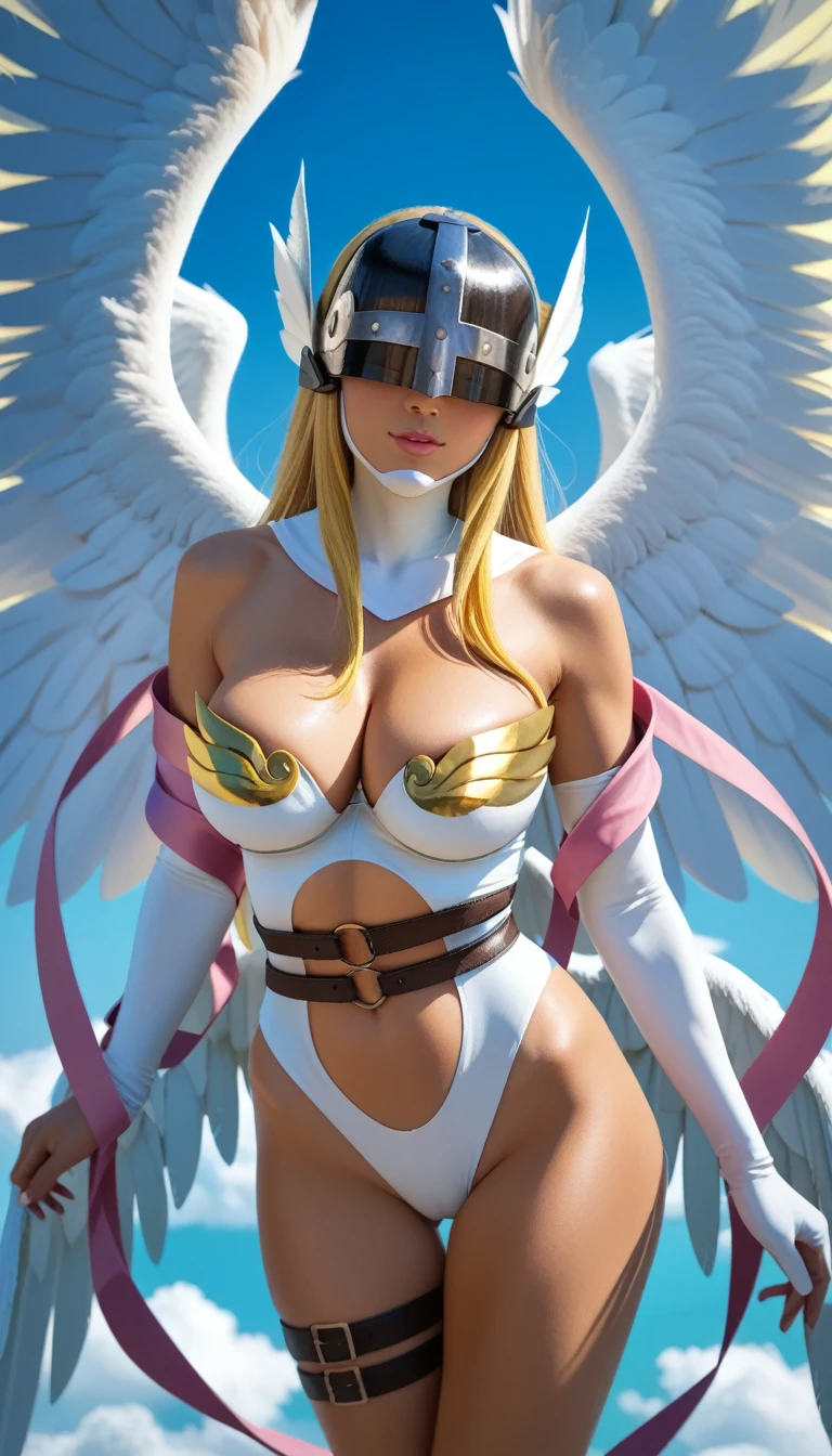 best quality, intricate details,
1girl, Angewomon, winged helmet, helmet over eyes, helmet on, covered eyes,white multiple wings, white wings, pink hagoromo, single glove, strapless,white bodysuit, gold strapless bra, black belt, two belts