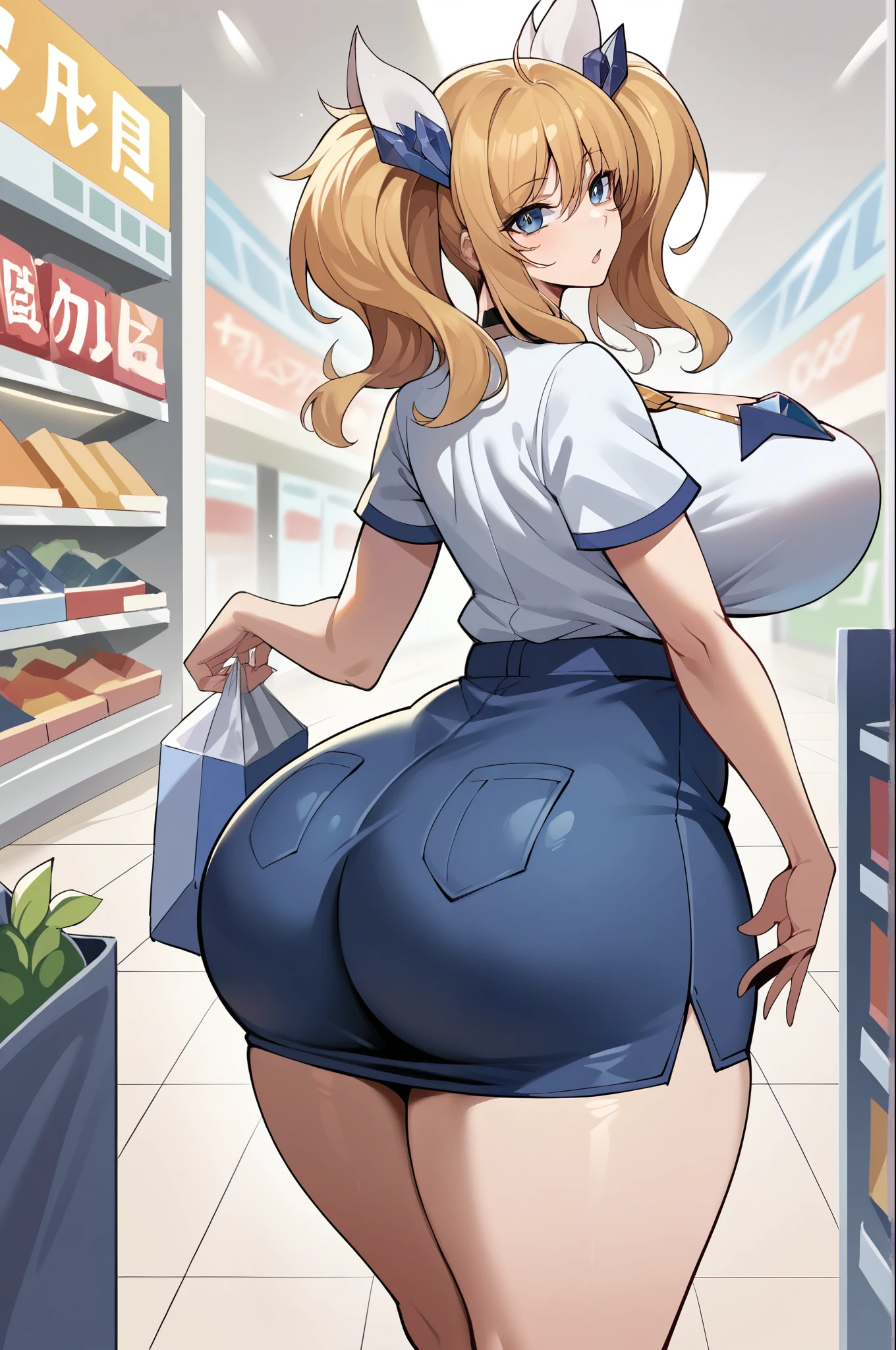 score_9, score_8_up, score_7_up, score_6_up, source_anime, BREAK 1girl, onizaki kirara, blonde hair, twintails, hair ornament, , large breasts, minidress, shopping mall, looking at you,, back view, (gigantic ass), curvy ass, slim waist ,