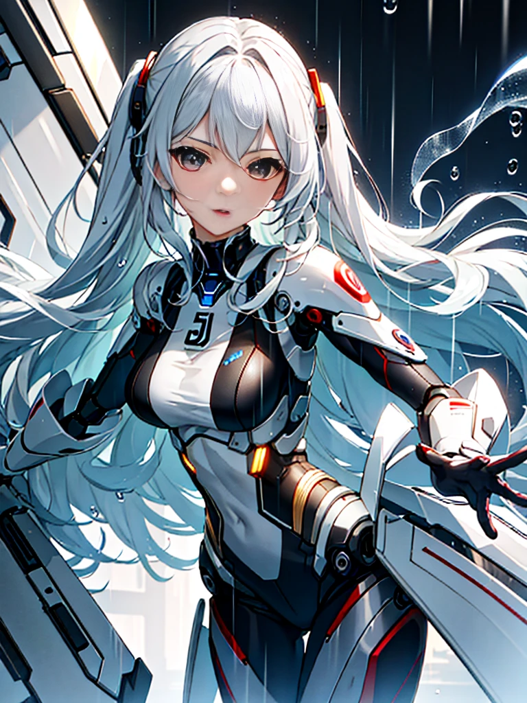 J Super Details ,  Attention to Details ,  high quality, 最 high quality,  high resolution on down，1.  Human Female Robot ，  Beautiful Female Robot , Beautiful Clear Face (Rain Waves_Raindrops：1.5), high tech，Combat weapons，