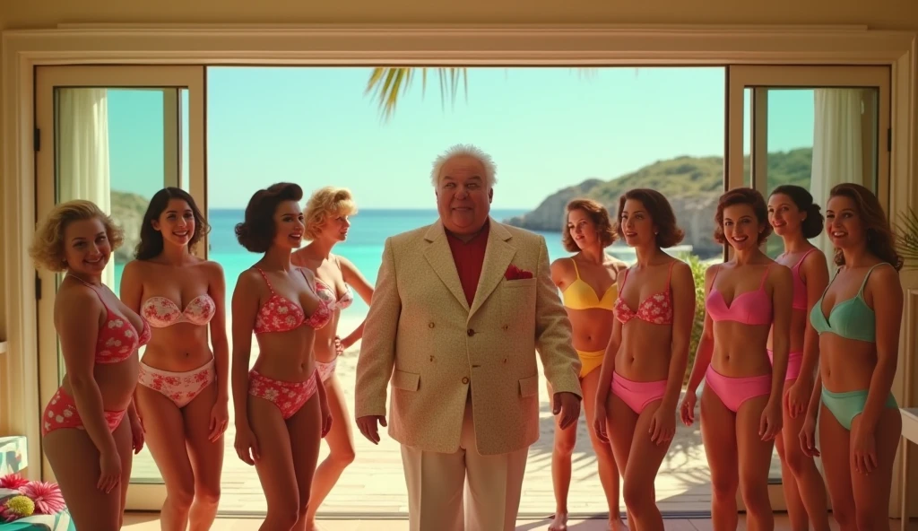 Fat male doctor in white coat accompanied by girls in bikinis