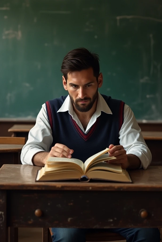 A beautiful young man, a cute twinkle, male, with dark circles under his eyes. He has black hair and a face with make-up. He is wearing a long-sleeved aquamarine shirt. He is in his office, sitting at a study desk, reading a huge book. Behind him is a blackboard with calculus and mathematical equations written on it. He comes out of Blackboard radiating neon energy.