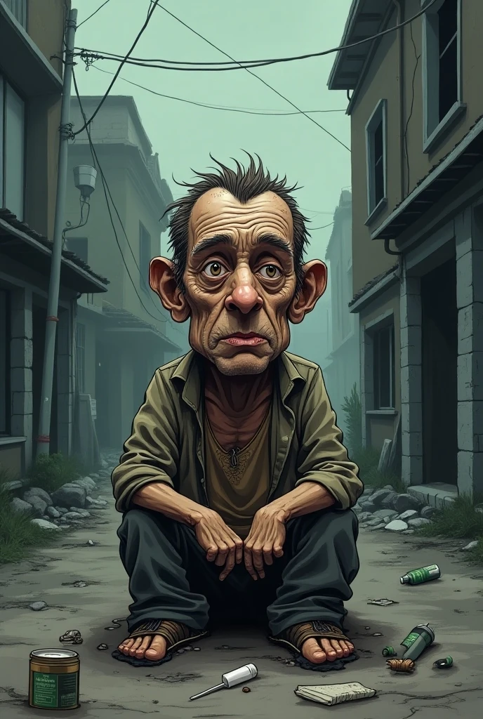 1 elderly person,Completely naked,Ahegao,Skinhead,New York City,Bone avulsion,thin,barefoot,bare hands,Smoke a cigarette,Squat,alley,Graffiti on the wall,Scattered garbage,dark,Garbage can,cardboard,Cowboy Shot,dark,saliva,White of the eyes