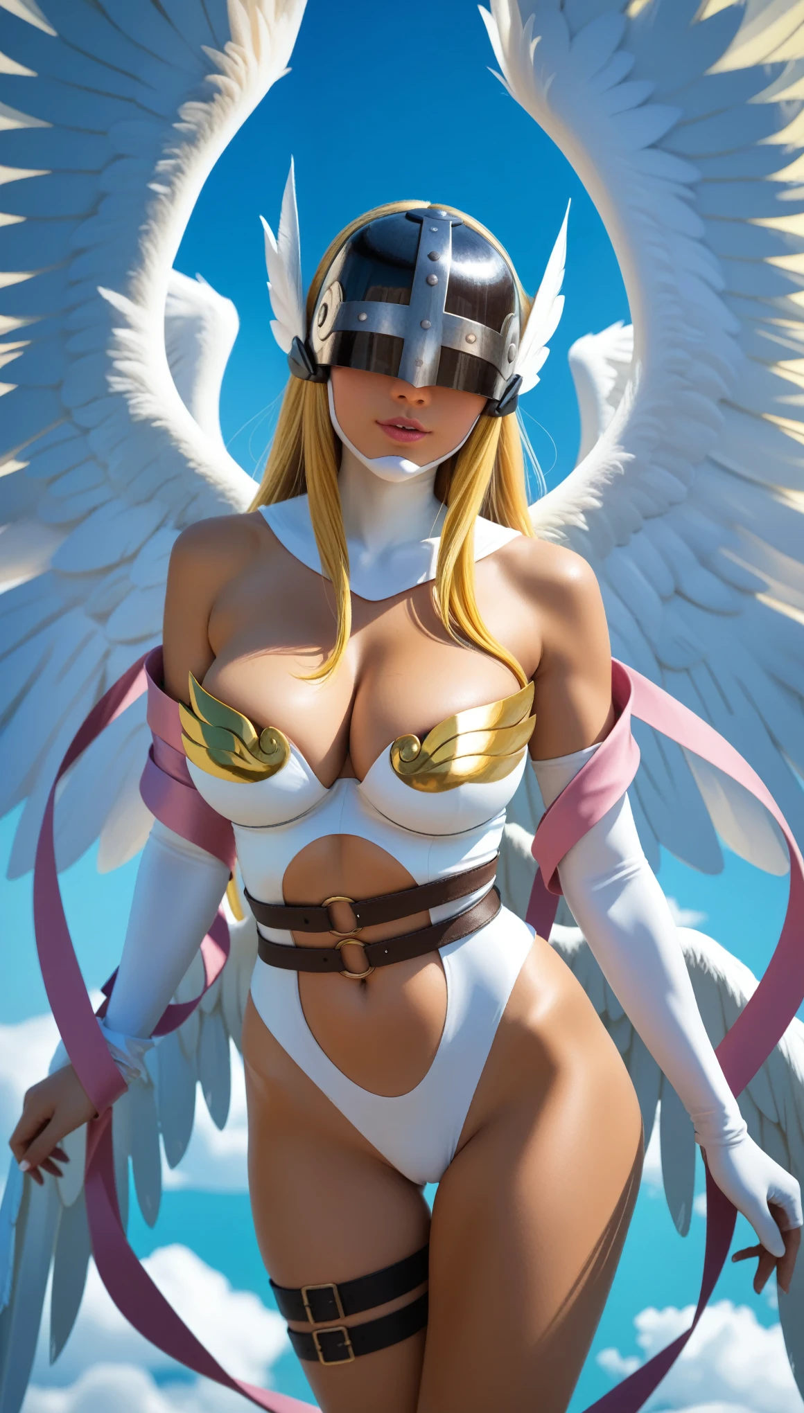 score_9, score_8_up, score_7_up, score_6_up, uncensored, digimon_\(creature\), angewomon, blonde hair, angel_wings, feathered_wings, winged_helmet, helmet, BREAK (masterpiece:1.2), best quality, high resolution,(detailed eyes:1.3), perfect lighting,(perfect hands, perfect anatomy), large breasts, asymmetrical_clothes, navel, multiple_wings, belt, cleavage, thigh_strap, bare_shoulders, flying, clouds, birds