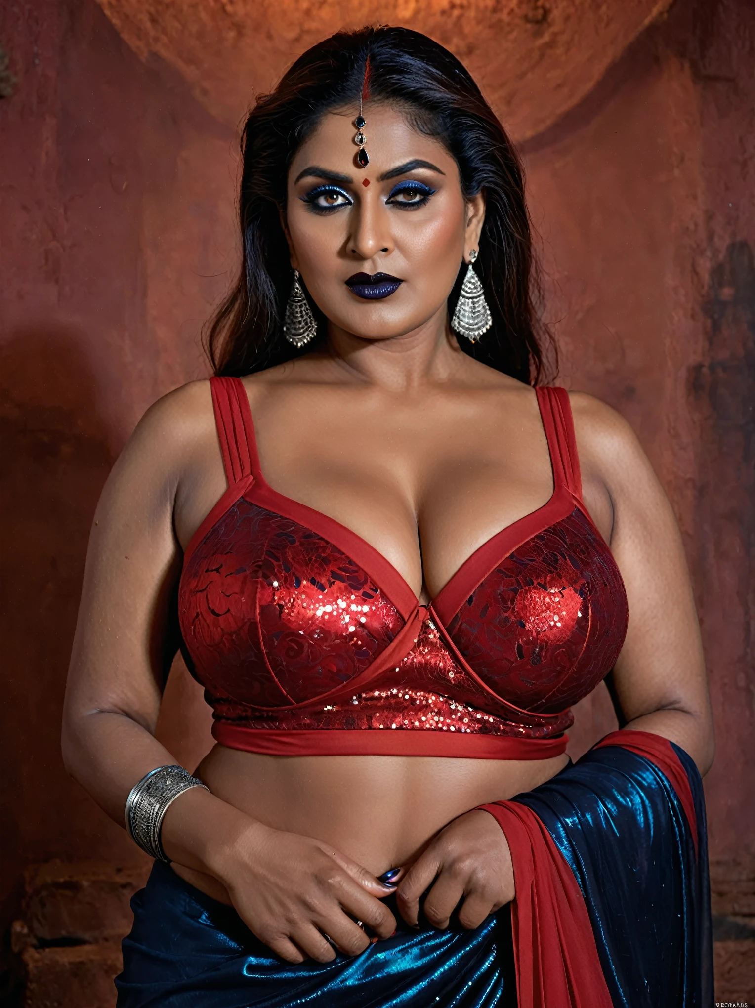 Looks like Nayanthara, full body Closeup shot, Big chubby aunty, milf, cougar lady witch, horny Gothic milf, 70 years old gorgeous mature lady, pervert demoness, demoness of lust, Kama Pishachini, kamadevi, curvy, black lips, horny face, extremely gorgeous, thick figure, heavy physique, voluptuous, demoness mommy, curvy, sexy figure, Fashionable portrait of androgynous alien looking witch, glowing eyes, futuristic design, minimal details, givenchy, photoreal, 200mm, hd, f/ 2.0, highly detailed, surreal, sexy beautiful evil woman, sexy bold sequin Saree with strapless Bra, chudail, Pishachini, horror genre, blood-thirsty enchantress, powerful female spirit, eerie, drop dead, in the style of red and blue, (intricate details, hyperdetailed:1.15) (skin texture:1.2), dark Moody tone, cinematic lighting, haunted place in background, hot Amma, hot aunty, hot bhabi, hot Chachi, heavy figure, fleshy figure, heavy and saggy breast, spicy hot woman, evil goddess, juicy thick Belly, curvy, erotic fantasy, fantasy character, provoking sense of desire,