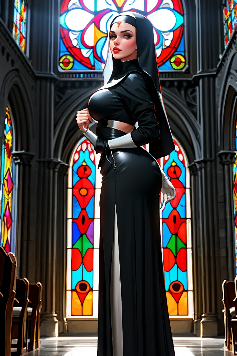 (high resolution, The pixels are perfect, luxurious illustration), (hyper quality, Masterpiece, Ethereal: 1.4), (((completely :1.1)))，nun,((best quality)), ((masterpiece)), ((realistic)), ((beautiful muscular female)), Amidst the vibrant colors of autumn, a resolute muscular nun with piercing sapphire eyes and a braided chestnut hairdo emanates strength. Her muscular arms and legs, adorned with intricate black tattoos, speak of her dedication and discipline. Clad in a nun costume, she stands against the backdrop of a serene forest, with the divine European church peeking through the foliage, its stained glass windows casting a warm, inviting light on eye level, scenic, masterpiece.，((open legs:1.1))，Mature female，Black areola, (female pubic hair:.1)，(((The breasts seem to overflow from Tabad)))，wetted skin, (((A MILF: 1.4))), (Curvy:1.35),((((Dark skin))))，Long hair，Curvy physique,  Thick body,((Sexual suggestiveness))，Seductive smile，high-heels, (visible pubic hair through clothing:1.1), (naughty smile:1.1), wide hips, thin waist