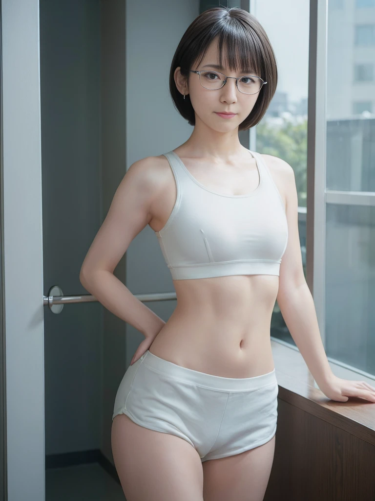 8k,cinematic lighting,top-quality,Top image quality,masterpiece,best quality,depth of field,ultra-detailed,from below,Standing,(mideum shot),full body,1girl,Japanese,32 years old,(Gyaru:1.2),(Black hair,very short messy bobcut:1.2),(Oval light brown cell frame glasses:1.2),large hip,(tanned skin:1.1),sunset,magic hour,(blushing:1.4),(school hallway:1.1),looking at viewer,(no bra,nIpple bumps:1.1),track and field uniform,Smile,sports wear,