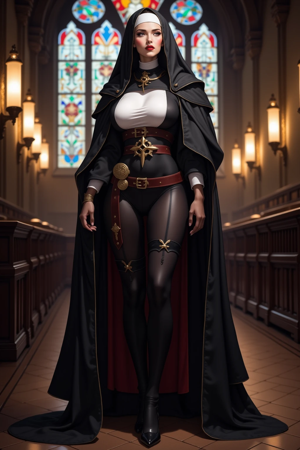 A warrior nun in black, white and red, tall and slender hourglass figure, large full and firm breasts, long slim and slender waist, large wide hips, large full and firm buttocks, thick thighs, makeup, glossy lips, large full lips, (natural lighting), inside Old World cathedral with stained glass windows