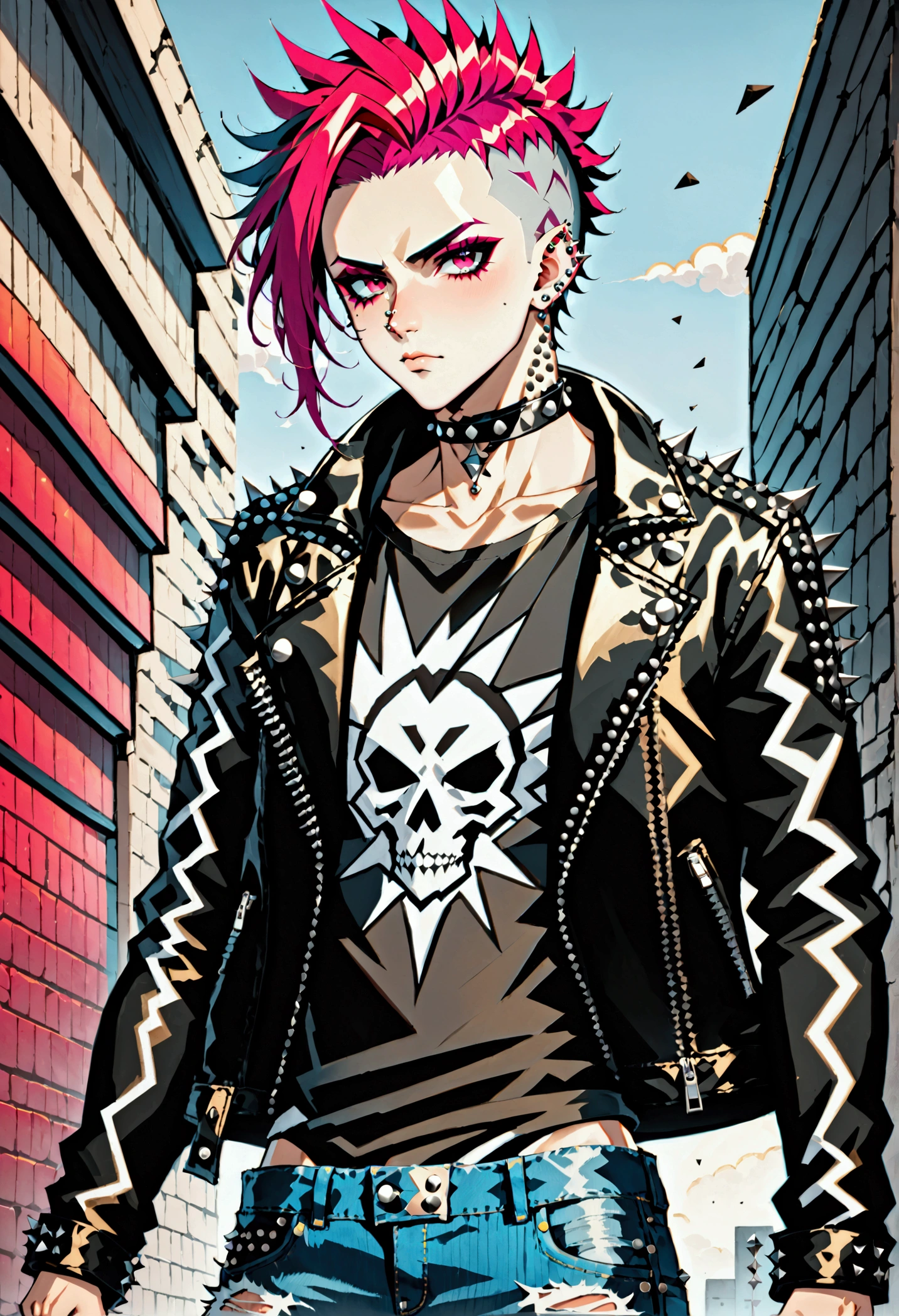 A young man character with short hair, the sides shaved close to the scalp, and the top raised higher, forming a mohawk-like shape. The angular, jagged style of the hair gives the character a rebellious and modern appearance. The strands appear thick and full of texture, conveying the impression of strong, vibrant hair with a lot of personality. The overall look is bold and edgy. The character wears a leather jacket with metal studs, paired with ripped jeans and combat boots. Accessories include a few silver piercings in the ears and nose, and a black choker, adding to the punk-inspired aesthetic. His confident and defiant attitude matches his rebellious style.