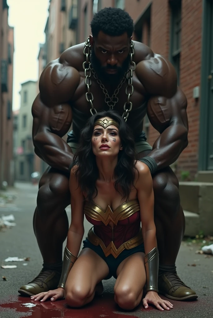 Araffe dressed as Wonder Woman standing in a room with a gorilla behind her, bodybuilder superhero bikini, Wonder Woman, heroically posed, behind her is a scary atmosphere, powerful scenes, great scenes, powerful poses, Wayne England, posing for a fight, looking this way, realistic scenes, heroic scenes, realistic CGI, dressed as Wonder Woman, [(Wonder Woman), leotard, jewelry, star \(symbol\), bare shoulders, cleavage,  Strong and realistic blue eyes, realistic black hair, lips, long hair, makeup, natural skin texture, slightly tanned skin tone, realistic, muscular body (muscles:1.2), ((strong and healthy body)), (( (more) muscles))), (big breasts:1.2) thin waist, (perfect big buttocks and wide buttocks:1.2), (detailed skin), ((dirty)), (wet skin:1.2), wet, (sweaty:1.2), (wet body), heavy breathing, ((profuse sweating, skin indentations in great detail)),  (((perfectly symmetrical face))), (beautiful and sexy woman), (swollen lips:0.9), sissy, (eyelashes:1.2), striking facial features, delicate hair, stunningly beautiful, extremely delicate skin, sweaty skin, perfect smooth curves, perfect body, perfect breasts, perfectly wide buttocks, plump lips, extremely delicate muscle definition, open mouth, screaming], (super detailed CG: 1.2), (8K: 1.2)