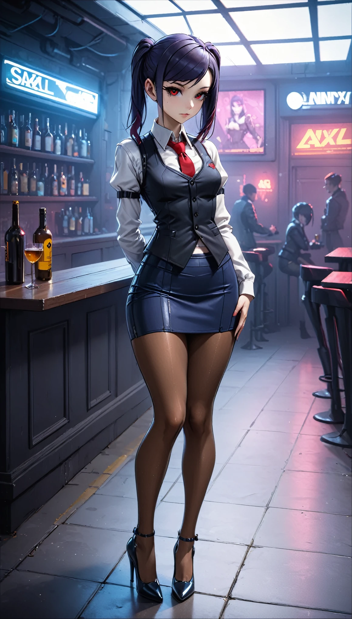 8k, arms behind back, full body, slim figure, flat bust, sparkling red eyes, Light blue eyelashes, high-heels, dark skirt, seductive, Charming, small tits, jill stingray, necktie, pantyhose, skirt, vest, white shirt, cyberpunk styled bar, masterpiece, zal, AniPnyXLQual