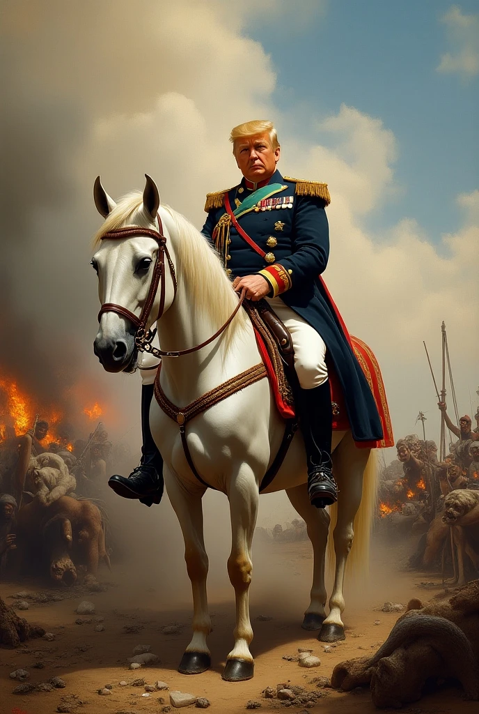 hyper detailed masterpiece, dynamic realistic digital art, incredible quality, doradas, Donald Trump, sitting on horse wearing a crown holding the flag of the United States DonMSp3ctr4lXL