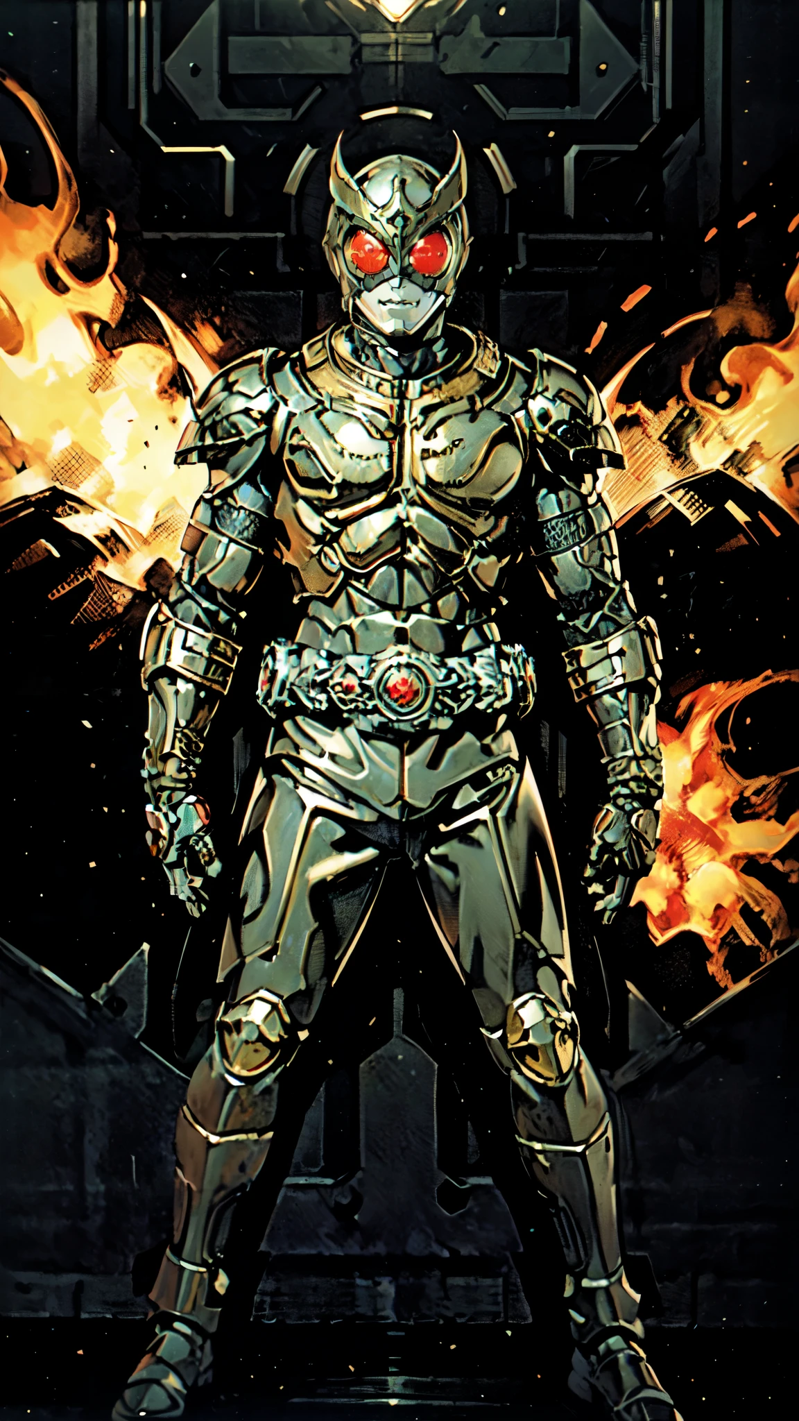 (masterpiece:1.5, best quality:1.5, extremely delicate:1.5), ((male:1.5)), a man wearing a full-face helmet, green eyes, fantasy-style high-tech biomimetic armored combat suit, (a composite layered chest armor), the design balances heavy with agility, fully enclosed shoulder guards, matching arm and leg guards, a belt of gemstone, (the color scheme is primarily Red with Black accents, Organic Biotech, Concept Inspired by Kamen Rider, glowing eyes, armor glows, stand of a futuristic sci-fi city), this character embodies a finely crafted fantasy-style armored hero in anime style, exquisite and mature art style, metallic, high definition, highres, ultra-detailed, ultra-fine painting, professional, perfect body proportions, golden ratio, anatomically correct, symmetrical face, extremely detailed eyes and face, high quality eyes, creativity, RAW photo, UHD, 32k, Natural light, cinematic lighting, masterpiece-anatomy-perfect