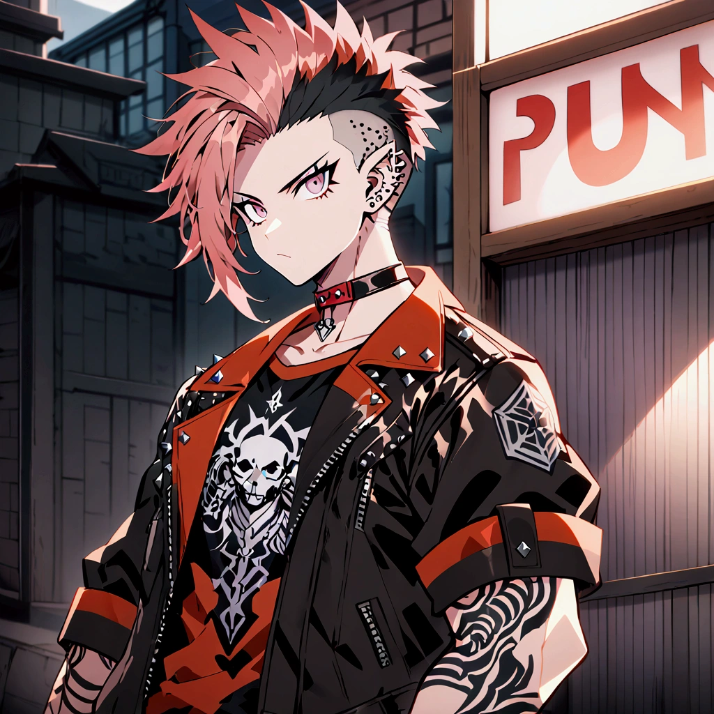 A young man character with short hair, the sides shaved close to the scalp, and the top raised higher, forming a mohawk-like shape. The angular, jagged style of the hair gives the character a rebellious and modern appearance. The strands appear thick and full of texture, conveying the impression of strong, vibrant hair with a lot of personality. The overall look is bold and edgy. The character wears a leather jacket with metal studs, paired with ripped jeans and combat boots. Accessories include a few silver piercings in the ears and nose, and a black choker, adding to the punk-inspired aesthetic. His confident and defiant attitude matches his rebellious style.