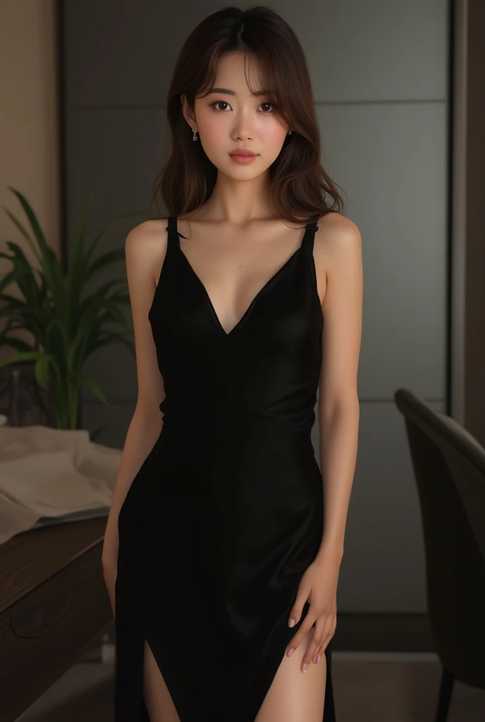 night bar, (naked and black Neat dress, Thigh: 1.1), ((of the highest quality, 8K, masutepiece: 1.3, Raw photo)), Sharp Focus: 1.2, (1 AESPA Girl :1.1), (Solo: 1.18), (Realistic, Photorealistic: 1.37), (Face Focus: 1.1), Cute face, hyperdetailed face, Short messy hair, updo, (Small breasts, flat chest: 1.3), flower, from below,