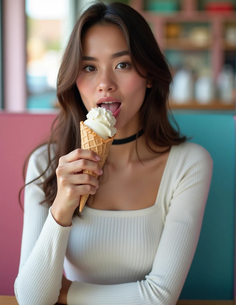 1girl, Professional photoset, icecream ad, Sexy girl of 24 yo eating ice cream, licking ice cream, tongue, small breasts, dripping at her breasts, bright pink top, bright color swimsuit, suntan, studio shot, bright blue gradient color background, mango and coconats flying around, bokeh, studio background, pro studio shot, ultrarealistic, 8k, super quality, cinematic lighting, sunny weather, premium SLR camera photo,Ice_Cream_Soft_Serve