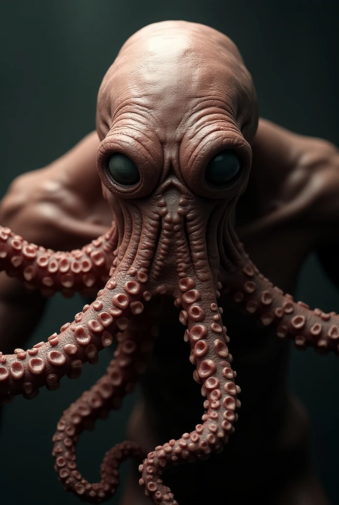 Huge alien of humanoid foma and extremely beautiful face and with muscles well apparent and highlighted , Its limbs are long slimy tentacles and its skin is similar to that of an octopus