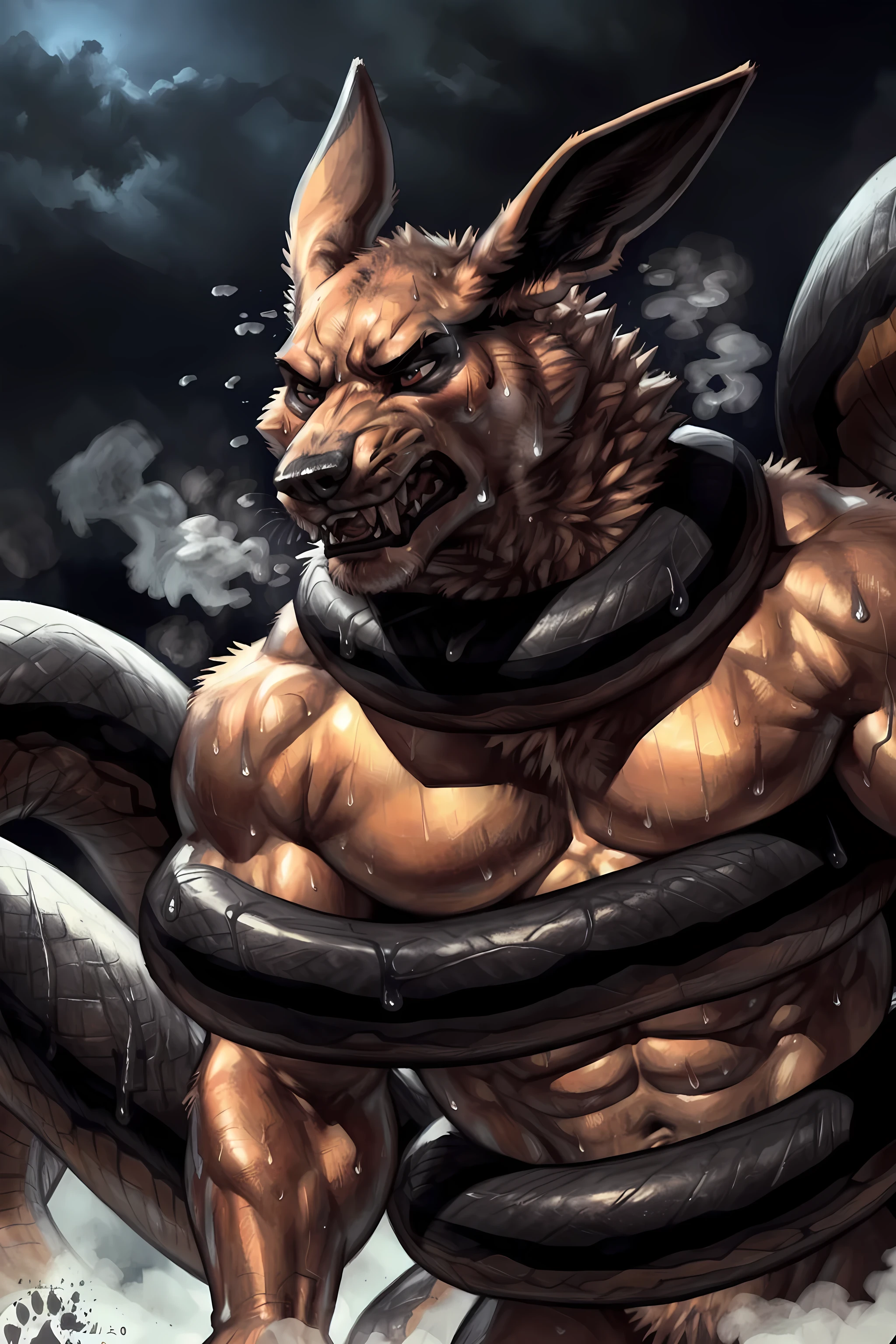 muscular kurama fighting against a large snake, (massive snake, black snake:1.5), (snake coiled around:1.3), coiling, 4k, high resolution, best quality, posted on e621, anthro body, kurama, (solo:1.1), male, adult, masculine, (very muscular, thick build, heavyweight:1.2), correct anatomy, (night background), (by Taran Fiddler), (by blotch), (detailed eyes:1.2), (sweat:1.6), wet fur:1.2, steam, fog, (shiny muscles:1.2), cartoony shading, growling, angry, pained expression, struggling, fighting,