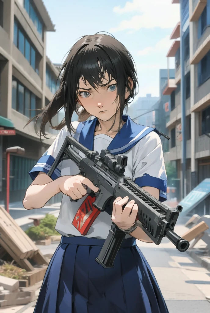 An anime girl is on a city street with a gun, Anime Machine Gun Firing, Anime Style 4 k,  female action anime girl , Railgun, Anime Style. 8k, epic Anime Style, Badass Anime 8k,  realistic anime 3d style ,   anime moe art style  ,  Fleet Collection Style, With a rifle, in Anime Style, 4k anime wallpaper,   anime movie background  