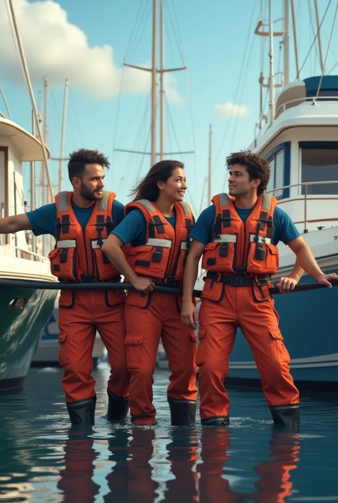 portrait of a middle aged woman with her hands in her pockets and saggy tits, surrounded by male divers wearing all their gear while on the deck of a ship.
