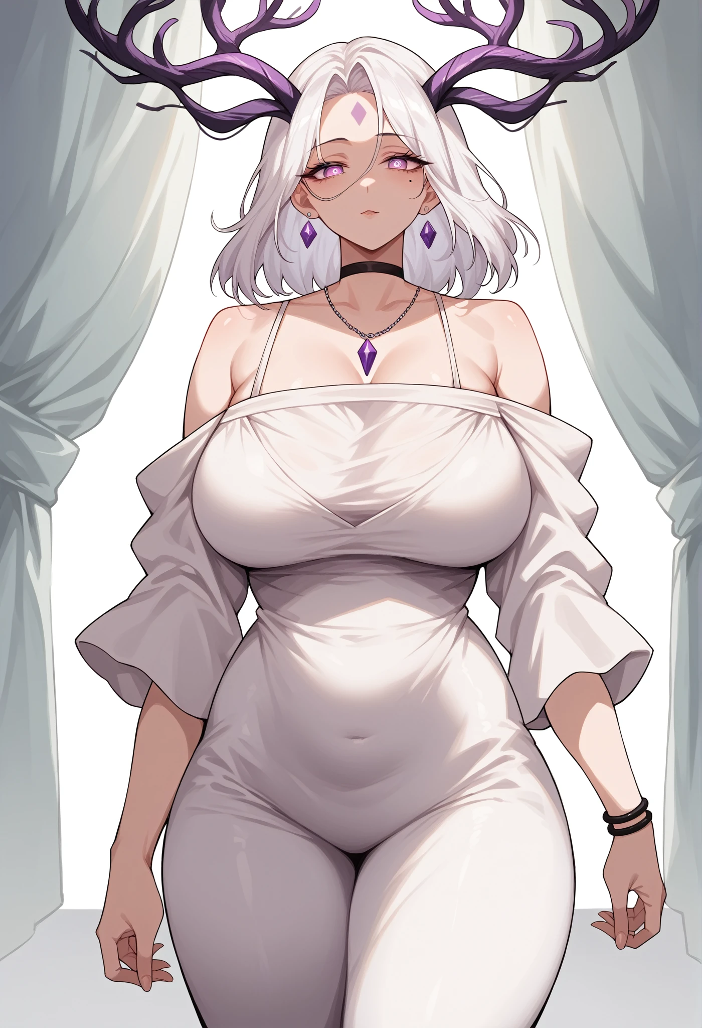 (Purple deer horns) mixed_artwork style, (detailed eyes), (Mature woman), beautiful woman, medium breasts, white hair, bangs on eye, Side bangs, (white loose dress, white pants), Lavender eyes, mole under eye, huge body, (milf), black choker, (neutral Face), (196cm tall, standing), Black bracelet, Purple Pendant on the forehead