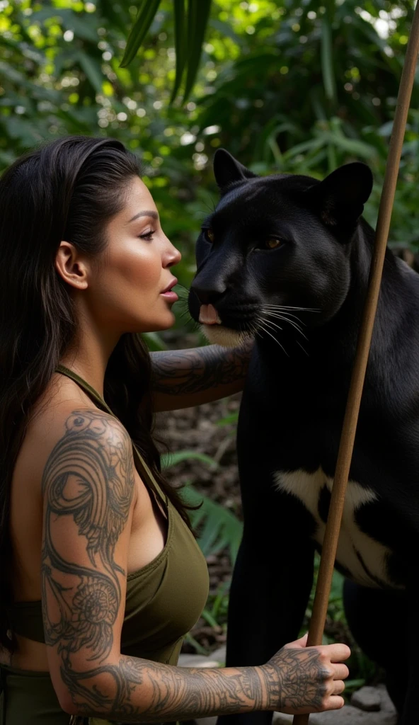 A close-up of Marta1’s face, capturing her confident, intense expression as she holds the spear by her side. Her long, dark hair frames her face, and her tattoos add an edge to her look. Her athletic physique is visible, with the olive green fabric of her outfit complementing the natural jungle tones. The black panther is seated nearby, its piercing gaze aligned with hers. The rich jungle greens and dappled sunlight create a dramatic, powerful atmosphere without revealing much skin.
