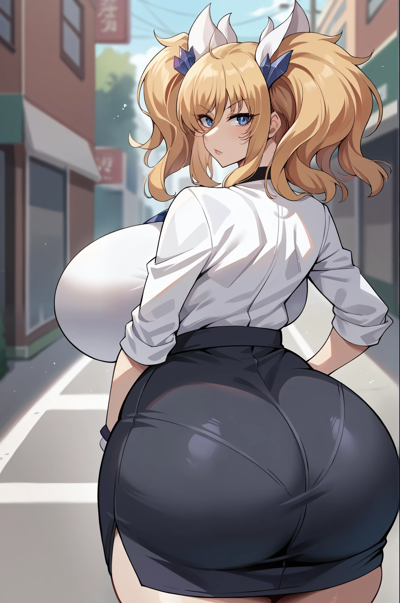 score_9, score_8_up, score_7_up, score_6_up, source_anime, BREAK 1girl, onizaki kirara, blonde hair, twintails, hair ornament, , large breasts, (black skirt suit), pencil skirt, street, looking at you,, back view, (gigantic ass), curvy ass, slim waist ,