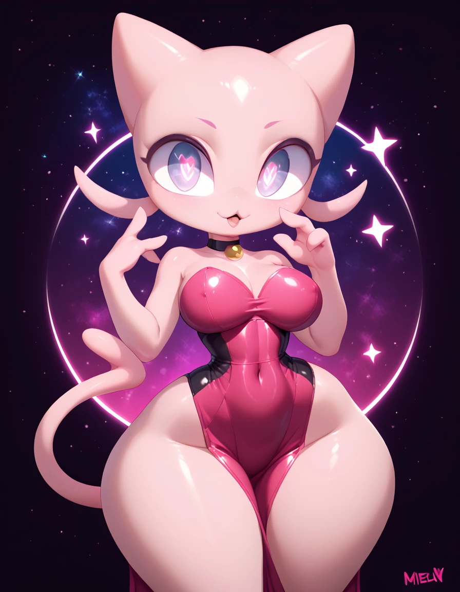 score_10, score_9_up, score_8_up, digital illustration, (Mew), (((Chibi))), (3 fingers), solo, anthro, (Wide hips:1.5), (Slim waist:1.5), (Hyper detailed eyes, Shiny eyes, ultra-intricate pupil in eyes:1.5), medium breasts, ((a very cute kawaii dress)), (female, 1 female), (Pink outerspace background), (((Pokemon art style)))
