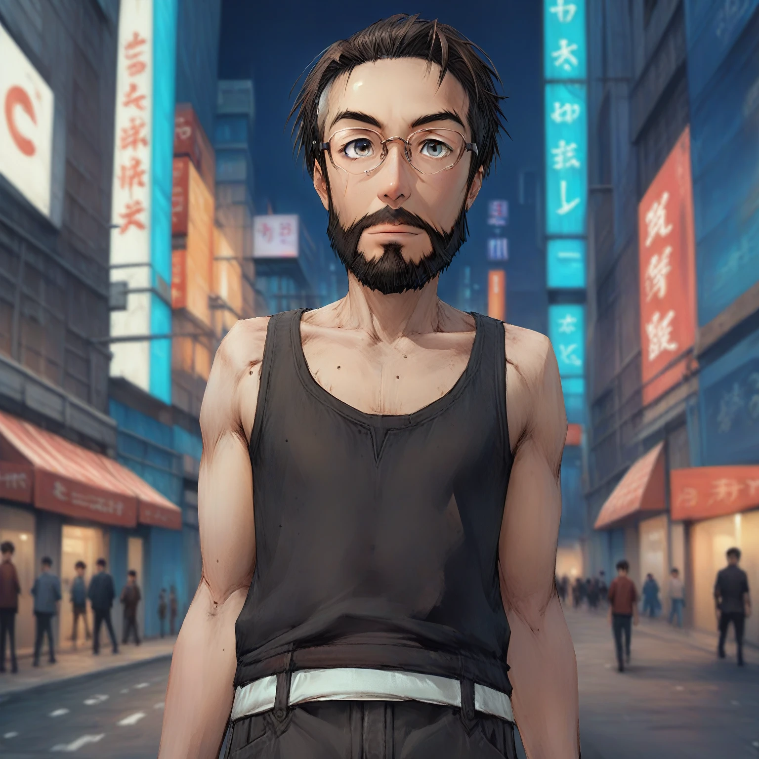 anime man with glasses and a beard standing in a city street, in an anime style, nft portrait, anime man, in anime style, as an anime character, neckbeard, realistic anime 3 d style, typical cryptocurrency nerd, high quality portrait, anime realism style, artwork in the style of guweiz, hyper-realistic cyberpunk style, anime style portrait