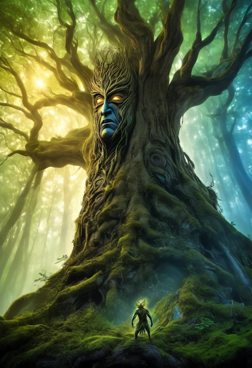 Fantastic figure: tree man, muscular, helps to safeguard the forest from evil beasts; he is a powerful warrior; his love for nature can be seen on a summer afternoon in the dim sunlight; small insects make their nest in him; striking image; masterpiece; mythical and fantastic image